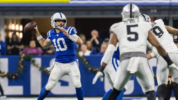 Dec 31, 2023; Indianapolis, Indiana, USA; Indianapolis Colts quarterback Gardner Minshew (10) passes the ball in the second half against the Las Vegas Raiders at Lucas Oil Stadium.